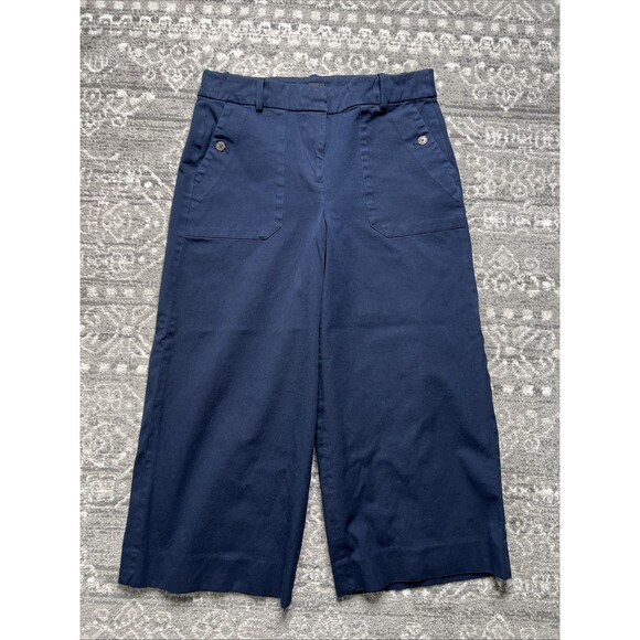 J. Crew Wide Leg Cropped Pants Size 12 Sydney Navy Blue Nautical Cotton - Picture 1 of 11